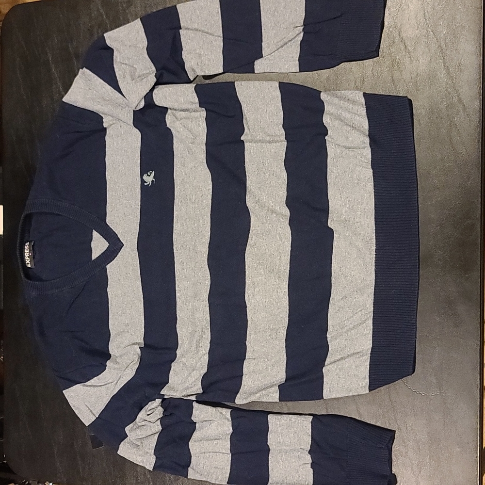 Express v neck sweater navy and gray stripe XL